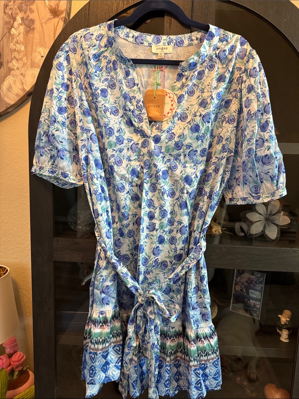 Umgee Blue and White Floral Tie-Waist Dress